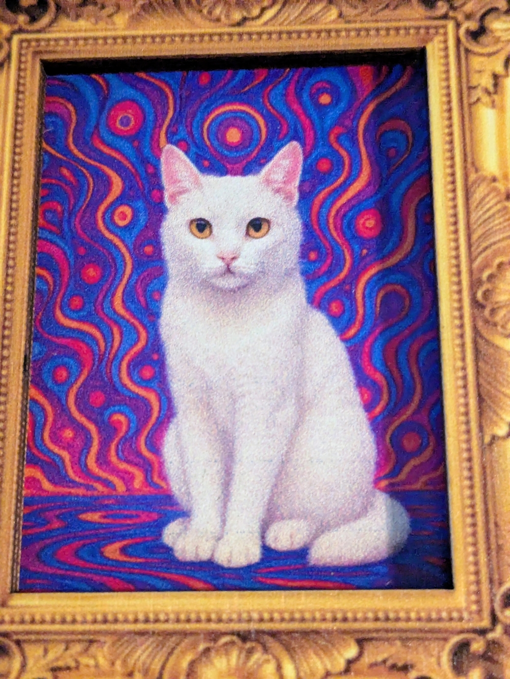 White Cat Portrait Art Print Magnet With Vibrant Psychedelic Background